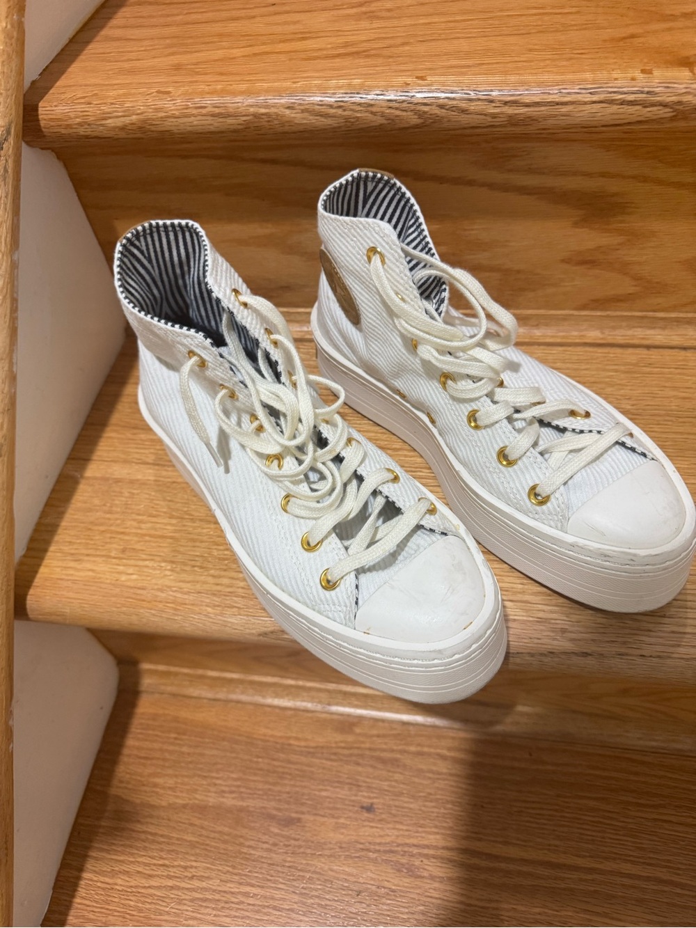 Converse White High-Top Platform Sneakers with Gold Eyelets